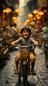古镇街道上骑车的快乐男孩图片