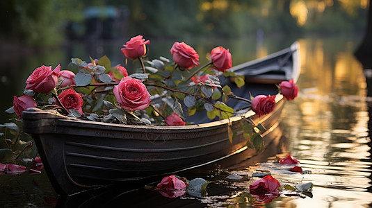 湖中木船上的玫瑰图片