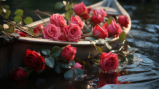 木艺术艺术感木船上的玫瑰背景