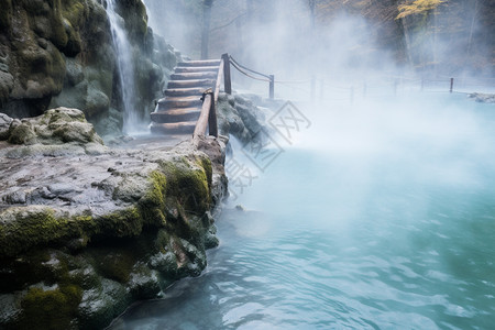 假山瀑布美丽的温泉背景