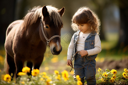 花草中站立的女孩和小马高清图片