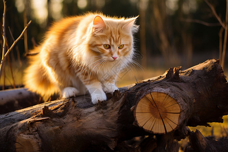 猫在木头上爬行高清图片