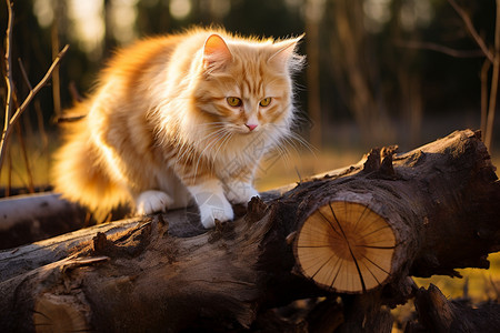 猫在木头上爬行图片