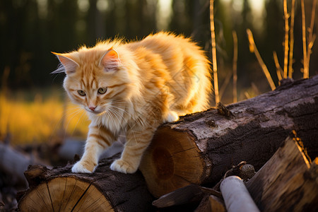 木头上有一只猫图片