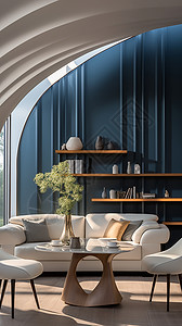 蓝色墙壁的奢华客厅装潢高清图片