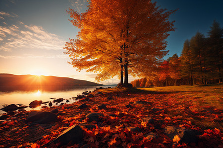 秋季夕阳下野外的落叶图片