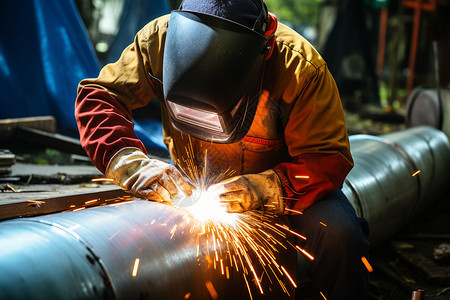 带安全头盔焊接金属的工人背景图片