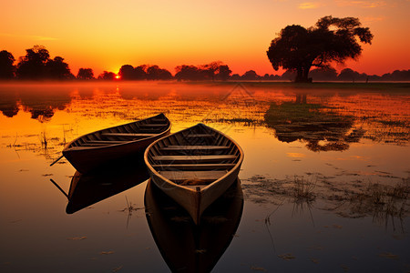 湖面上孤寂的小船背景图片