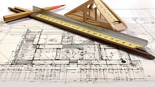 卷尺在房屋图纸上图片