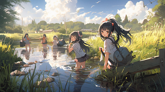 夏日溪流里的女孩背景图片