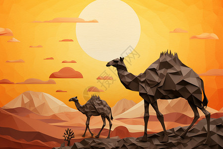 旭日下的沙漠骆驼图片