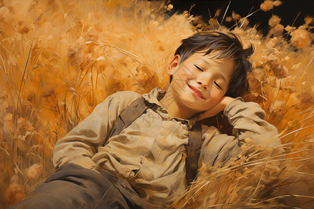 田野中休息的小男孩图片