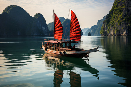 夏季海龙湾中的度假游船图片