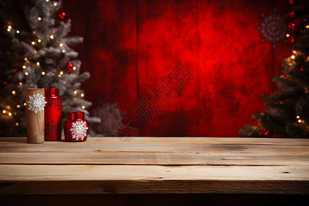 木桌上的圣诞节装饰物背景图片