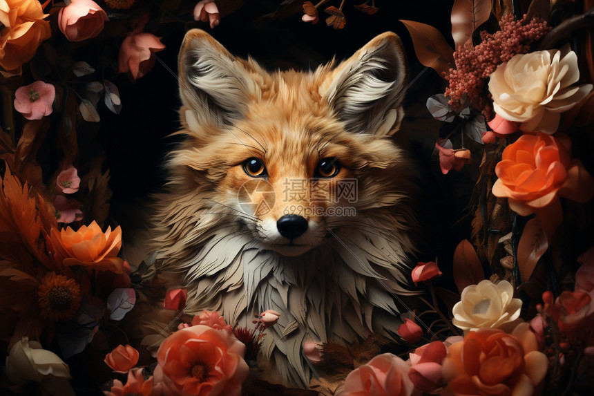 可爱剪纸风的狐狸插图图片