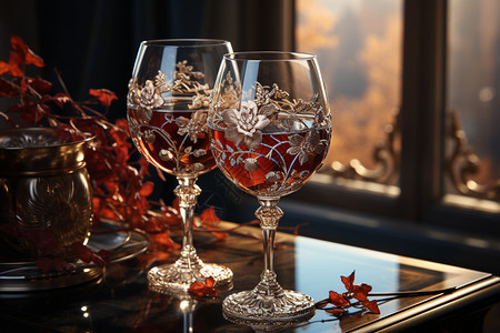 桌上的花纹红酒杯背景图片