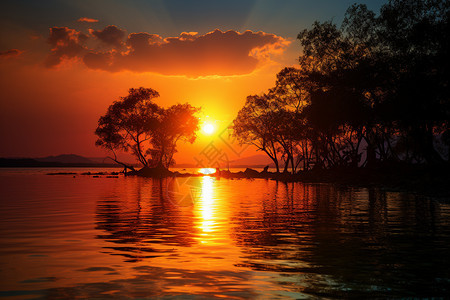 黄昏时湖泊的美丽景观图片