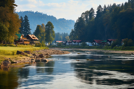河流旁的风景图片