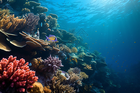 深海中美丽的鱼群和珊瑚群图片