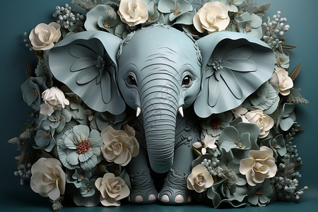 花丛中的大象立体插画图片
