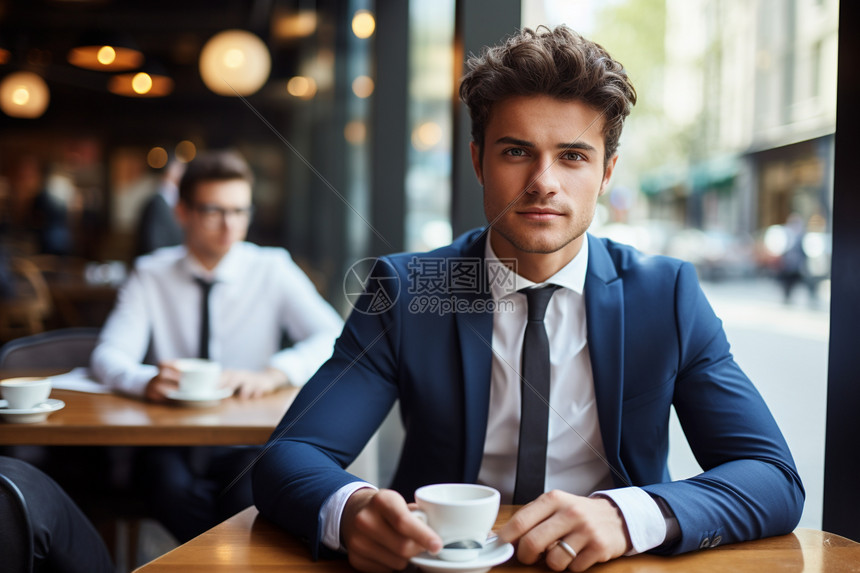 两个男子在咖啡桌前谈笑风生图片