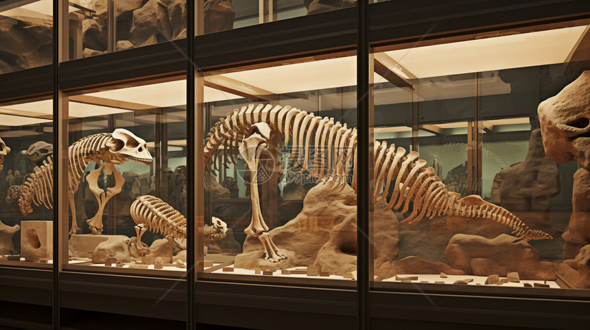 玻璃展柜中的恐龙化石图片