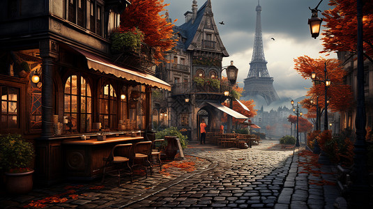 欧式铁塔下的城镇街道背景图片