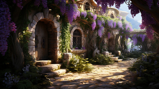 开满紫罗兰的古典房屋背景图片
