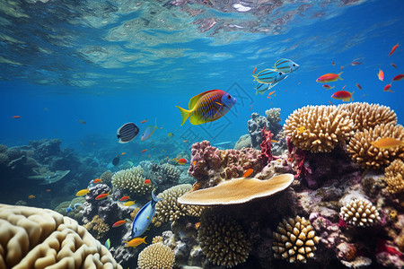 热带海洋中的鱼群和珊瑚群图片