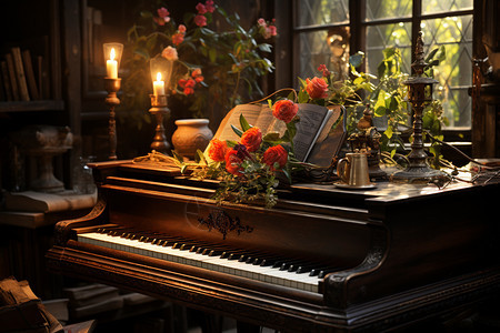 放满鲜花的钢琴图片