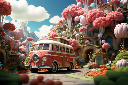 卡通小镇的粉色巴士图片
