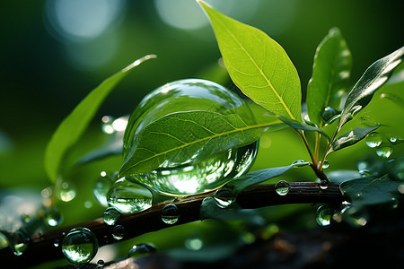 绿叶上的透明水滴图片