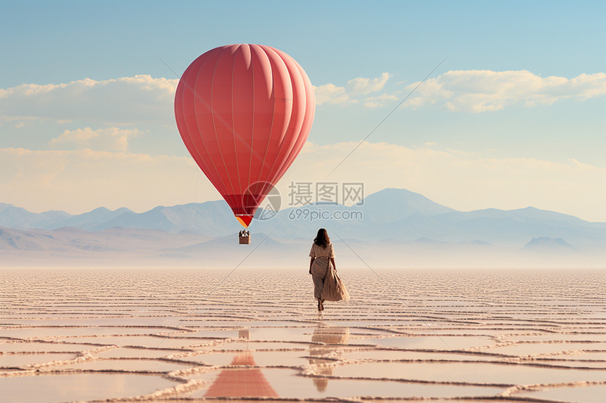 沙漠中的热气球和女人图片