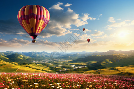 空中飞行的热气球和野花图片