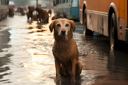 下雨天街道上的流浪狗图片