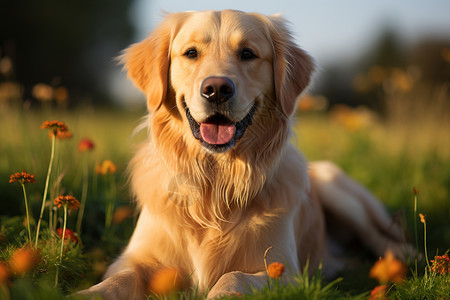 夏天户外草地上的金毛犬图片