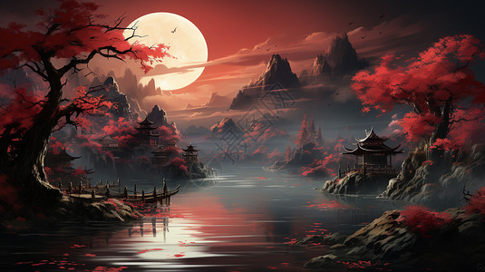 秋季神秘的枫树山水景观图片