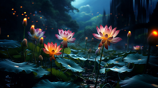 梦幻荷花夜晚池塘发光的莲花设计图片