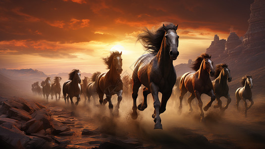 河流上飞驰的马群图片