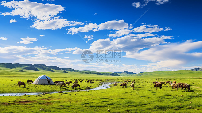 草原上的牧马景观图片