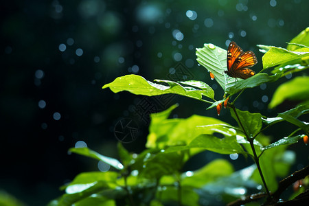 雨天蝴蝶在树叶上展翅图片