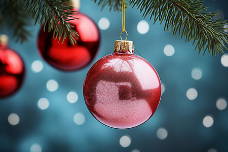 圣诞树上挂着许多红色的小球背景图片