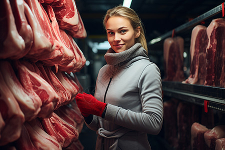 生鲜仓库猪肉加工厂中的女性背景