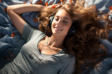 戴耳机听音乐的愉快女子背景图片