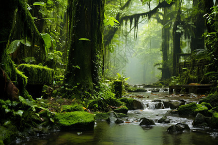 绿树森林穿越的小溪图片