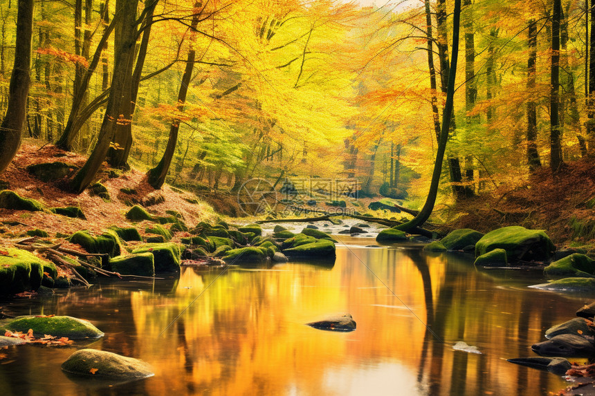 秋日林间流淌的溪流图片
