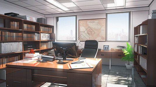 棕色书柜桌子办公室电脑背景