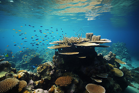 热带深海中的珊瑚群和鱼群背景图片