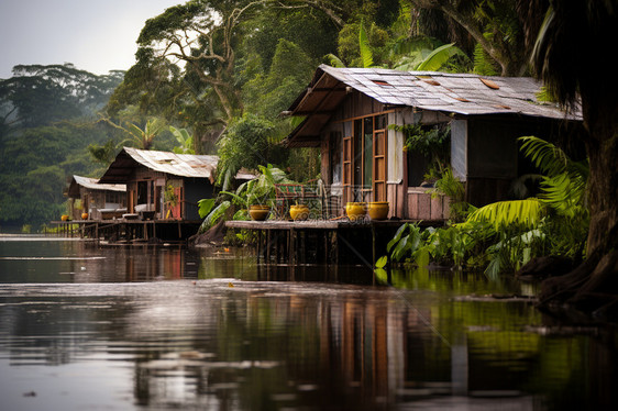亚马逊雨林旁一排木屋图片