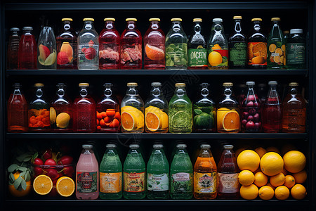 五颜六色的果饮摆放在超市货架上图片